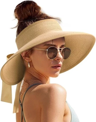 Visière Pliable Femme Chapeau Paille Large Bord Protection UV Soleil bob plage - Photo 1/4
