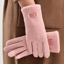 Women's Pink Faux Suede Sherpa Lined Winter Warm Gloves Cozy Faux Fur Cuff