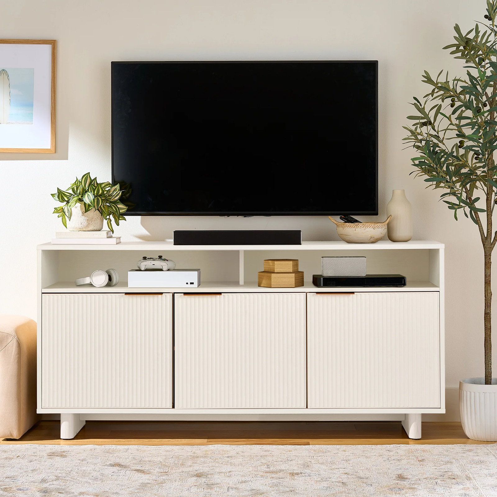 Fluted Pine 70" TV Stand Media Console with Storage Cabinets & Open Shelf Unit