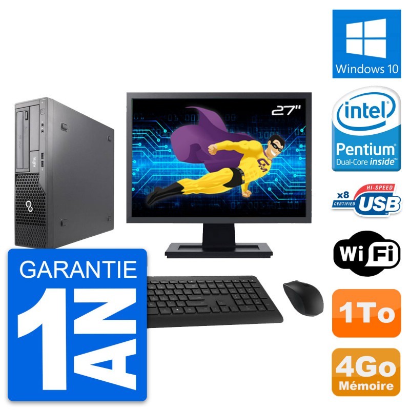 PC Fujitsu E500 DT Ecran 27" Intel G630 RAM 4Go Disque Dur 1To Windows 10 Wifi