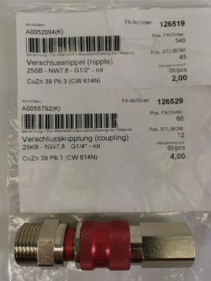 RECTUS locking coupling 25KB-NW7.8-G1/4'' + 25SB-NW7.8-G1/2'' red