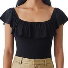 EXPRESS Black Ruffle Neck Ribbed Cap Sleeve Cap Sleeve Bodysuit NWOT Small