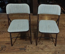 2 Vintage Folding Chairs Samsonite Beige Tweed Padded Fabric 1992 Card Table USA