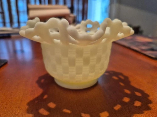 Vintage Fenton Basket Weave Custard Satin Glass Bowl Glows!