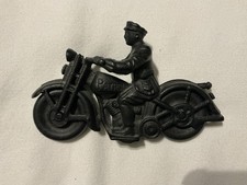 Vintage Cast Iron Police Rider on Motorcycle Toy Black Patrol Man 6x4