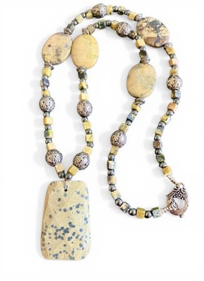 Chunky Beaded Picture Dalmatian Jasper Handmade Boho Southwest Necklace 22 