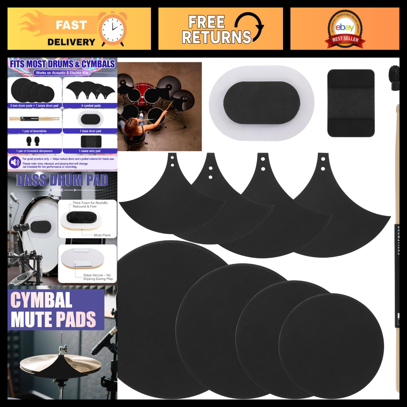 12 Pcs Drum Mute Pads Set - Foam Silencer for 10" 12" 14" 16" Drums, Noise Reduc