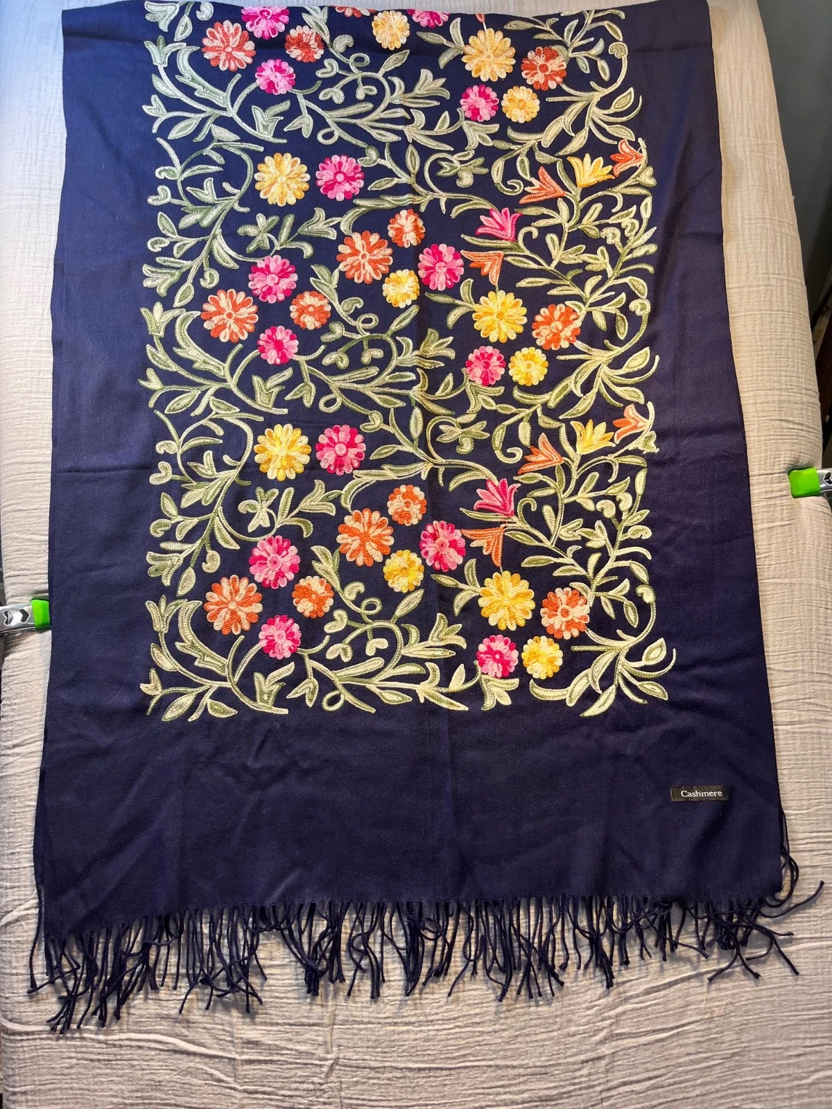 Luxury Blue Cashmere Scarf - Pink Green Gold Floral Beautiful Embroidered Fringe