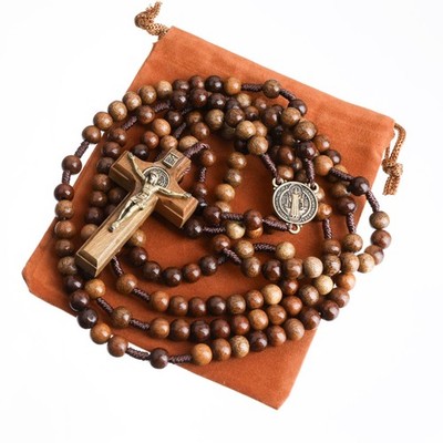 15 Decade Wood Rosary Catholic 7mm Brown Beads Corded St Benedict Crucifix 36''