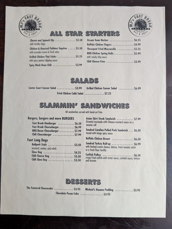 Michael Jordan Restaurant Menu-MJ's Fast Break Chicago Bar&Grill fm 1995 Ex Cond