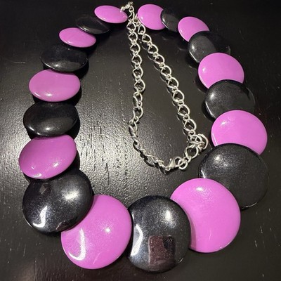 Vintage Pink Black Statement Necklace Bold Acrylic Disc Beads