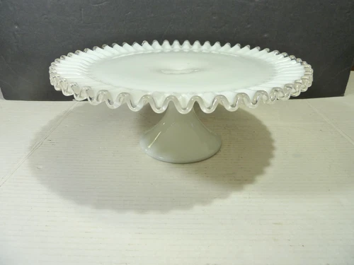 Vintage Fenton Silver Crest Milk Glass Cake Stand, 13" Ruffled Edge