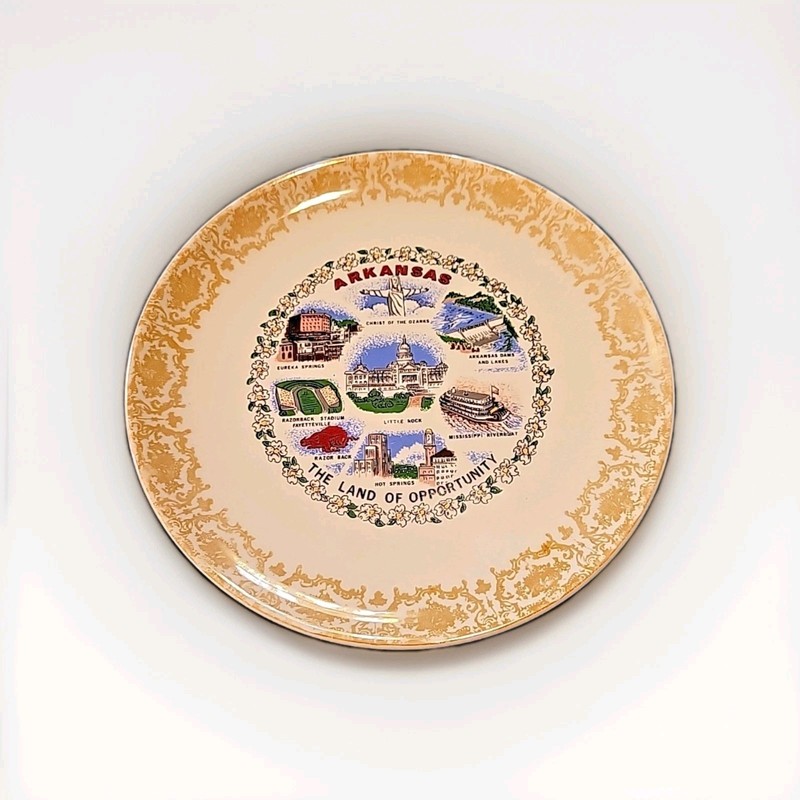 VTG Arkansas Souvenir Collector 9" Plate Golden Lace Trim "Land of Opportunity"