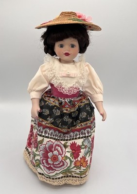 Vintage 12  Porcelain Doll Brown Braided Crown Hair Blue Eyes Woven Straw Hat
