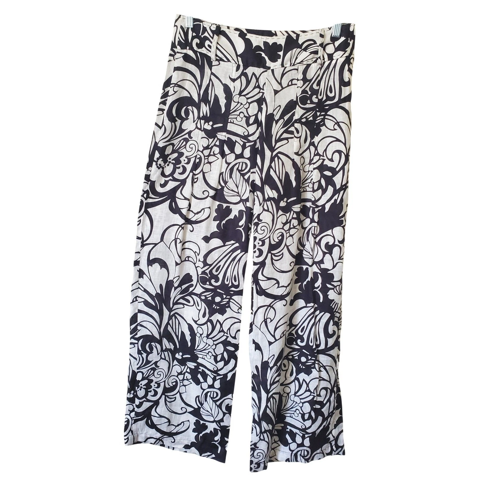 Elie Tahari Womens 2 Black White Floral 100% Linen Wide Leg Pants Palazzo Pleat