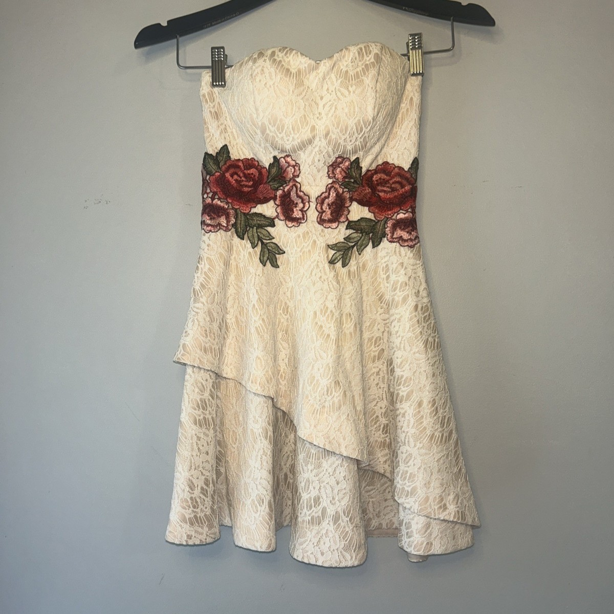 Xtraordinary Ivory Lace Dress 1 Coquette Red Floral Embroidery Waterfall  Skirt | eBay