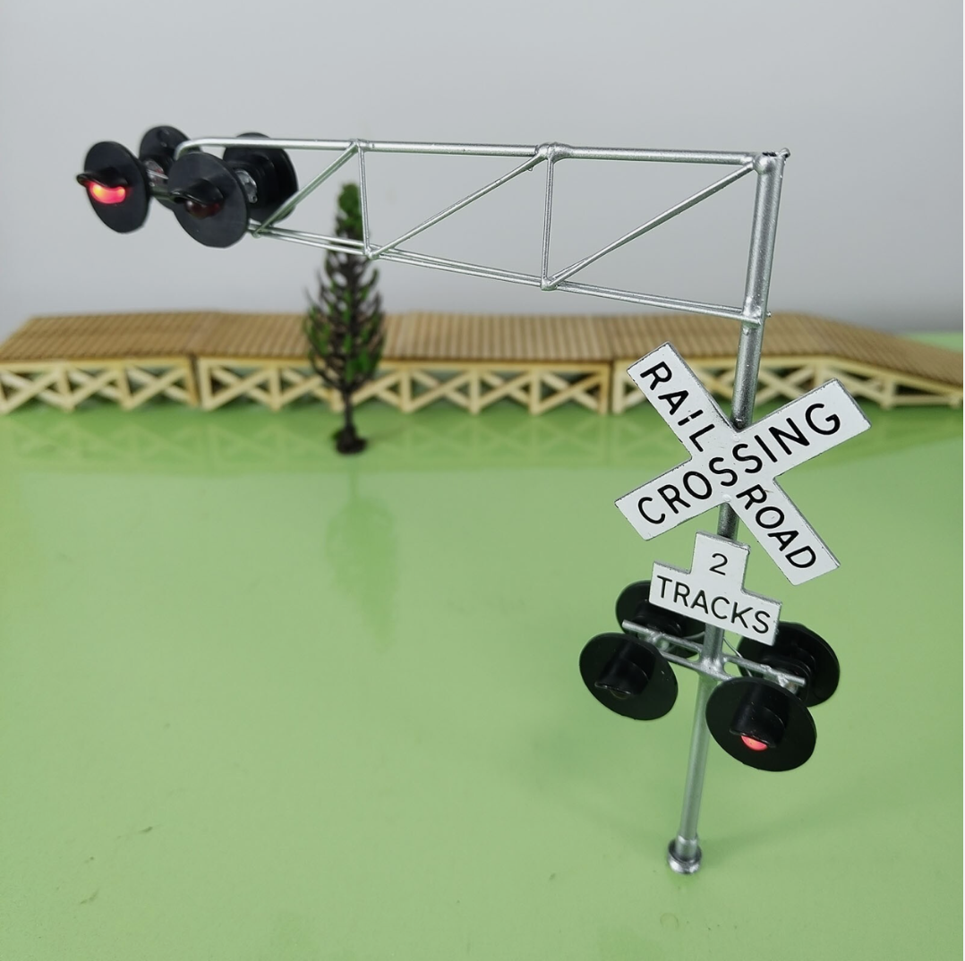 2 x O scale model railroad cantilever grade crossing signal