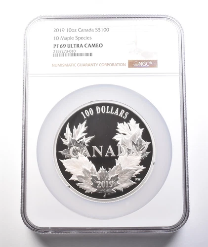 2019 Canada 100 Dollars Silver 10 Maple Species 10 Oz Silver PF69 UCAM NGC *3774