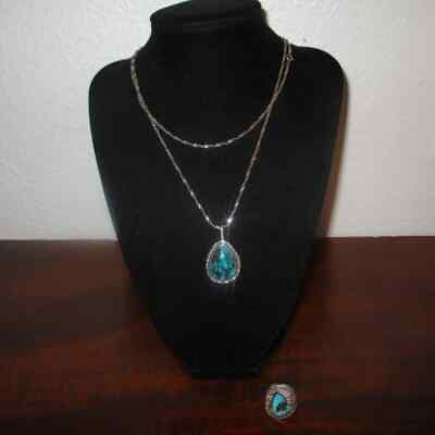 Sterling Silber 30'' Kette und Türkis Anhänger mit Ring
