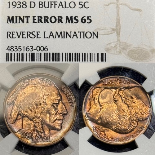 MS65 1938-D Buffalo Nickel Rev. Laminierfehler, NGC-zertifiziert - Regenbogenfarben