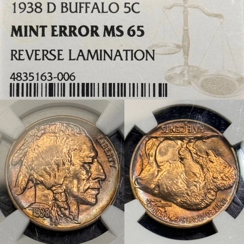 MS65 1938-D Buffalo Nickel   Rev. Lamination Error, NGC Certified- Rainbow Toned