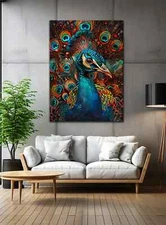 Peacock with feathers behind Wall Art Canvas Unframed Print Art
