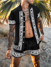 Button Down Shirts Men Black White Trim Short Sleeve Beach Suit Shorts SET 2 PCS