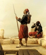 Oil painting Niels Simonsen - a nubian and egyptian guard in a lookout tower art