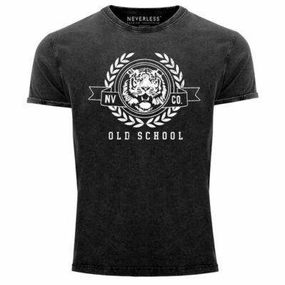 Herren Vintage Shirt Schriftzug Oldschool Print Tiger Bedruck Printshirt