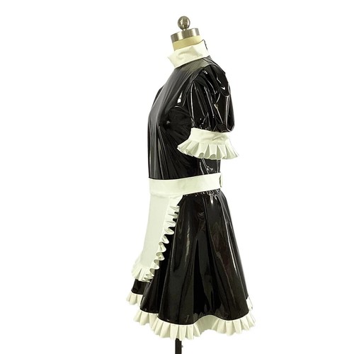 Shiny PVC Leather Short Sleeve A-Line Ruffle Maid Uniform Sissy Cosplay Costume - Picture 2 of 9