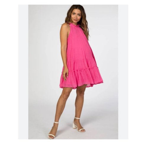 BELLAMBIA Linen Halter Dress Tiered Made in Italy Size Medium NWT Fuschia Pink - Afbeelding 1 van 7