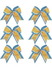 6 PCS Jumbo Cheerleader Bows Elastic Hair Tie. Light Blue/ White/ Yellow Gold.