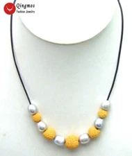 10-11mm Gray Rice Natural FW Pearl Necklace for Women & Yellow Lava 18" Leather 