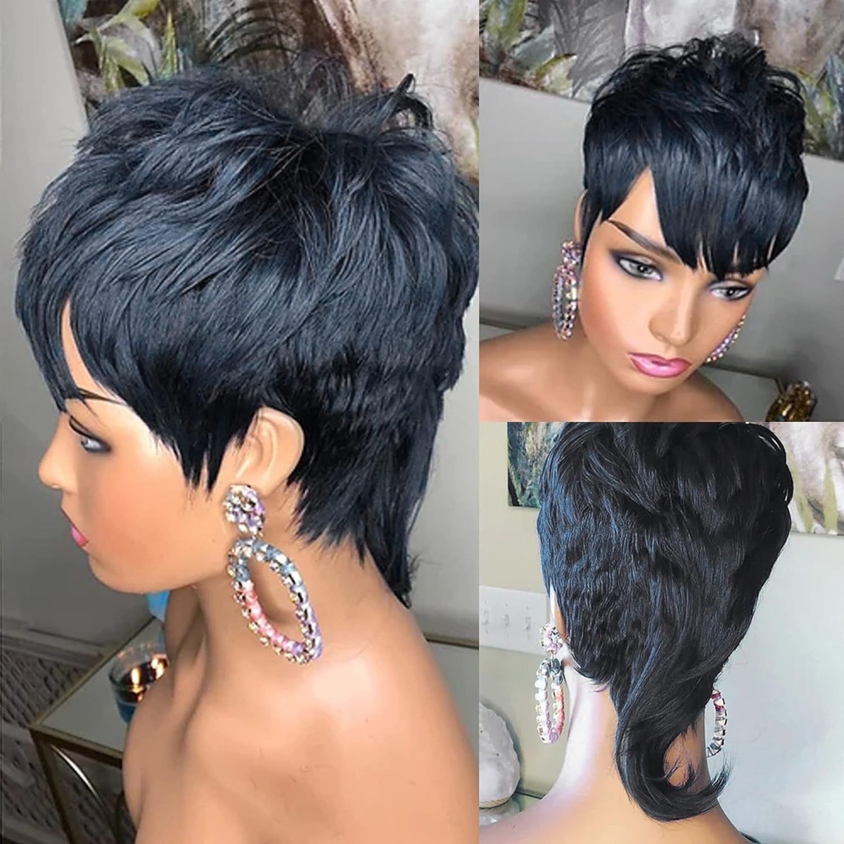 Black Wig For Black Women Human Hair Wig Pixie Cut Wigs UK