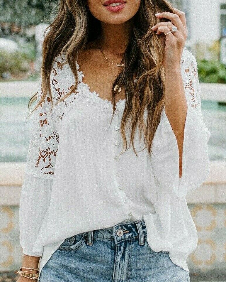 S New Boho White Lace 3/4 Sleeve V-Neck Button Front Top Blouse Womens SMALL