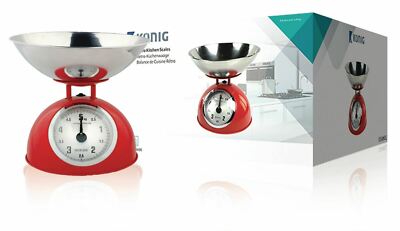 RETRO ANALOGUE KITCHEN SCALES TO 5KG, STAINLESS STEEL BOWL, RED