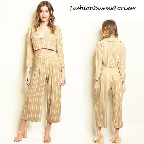 BOHO Women Khaki Stripes Cropped Blazer 