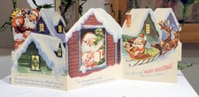 Santa on Roof, in House, Leaving. 1930s USA Christmas Card. Fold-out Card