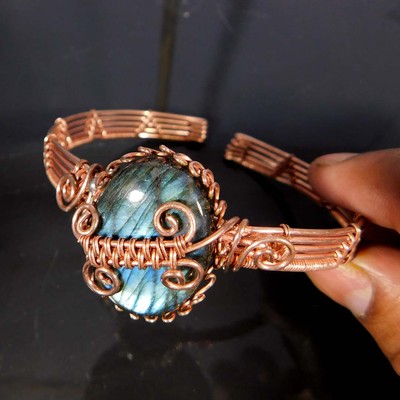 Natural Labradorite Handcrafted Copper Wire Wrapped Adjustable Bangle Jewelry