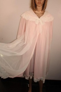 VTG PINK 2 LAYER ULTRA SHEER NYLON & LACE NIGHTDRESS & ROBE SET SIZE 14 16