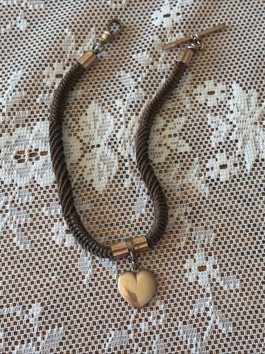 Antique Victorian Woven Hair Watch Chain Bracelet - Jeweled Heart Pendant T-Bar - Afbeelding 13 van 24