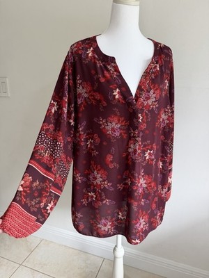 Tahari Women s Burgundy Floral V-Neck Blouse Top 2X