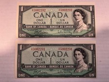 Consecutive 1954 Canada $1 Dollar Banknotes * Error Cut Out Of Register * Rare