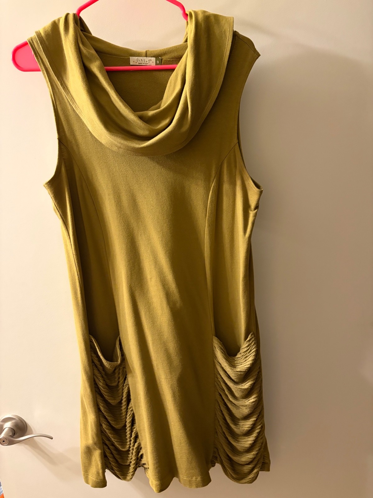 CHALET Sleeveless Dress Tunic Green Cowl Neck Ruched Pockets Lagenlook