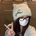 Winter Strickmütze mit Katzenohren und Schleife für Damen weich warm Gesicht s