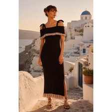 FREE PEOPLE Womens Size XS Black Gold Off the Shoulder Ribbed Sweater Midi Dress