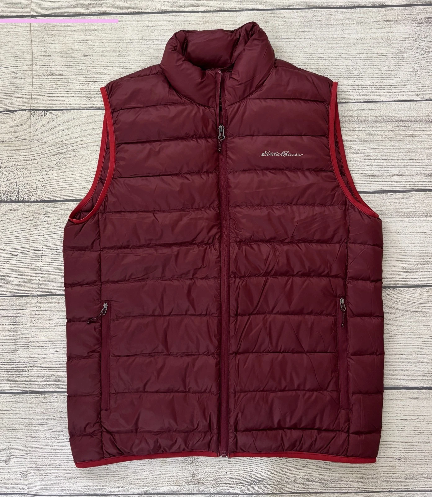EDDIE BAUER EB650 GOOSE DOWN Mens Sz Medium Burgundy Full Zip Pocket Puffer Vest