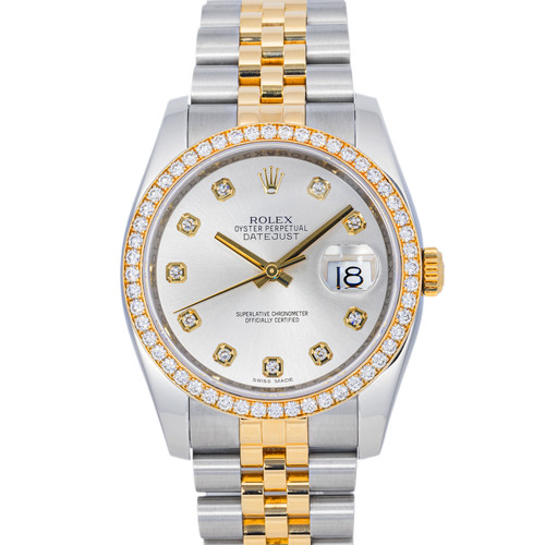 Rolex Datejust 36 116243 Silver Diamond Dial 18K Gold Bezel