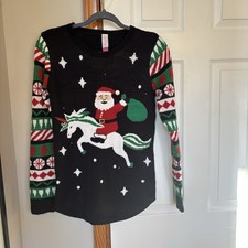 No Boundaries Women  s Christmas Sweater Santa On A Unicorn Size Medium 7-9 FLAW