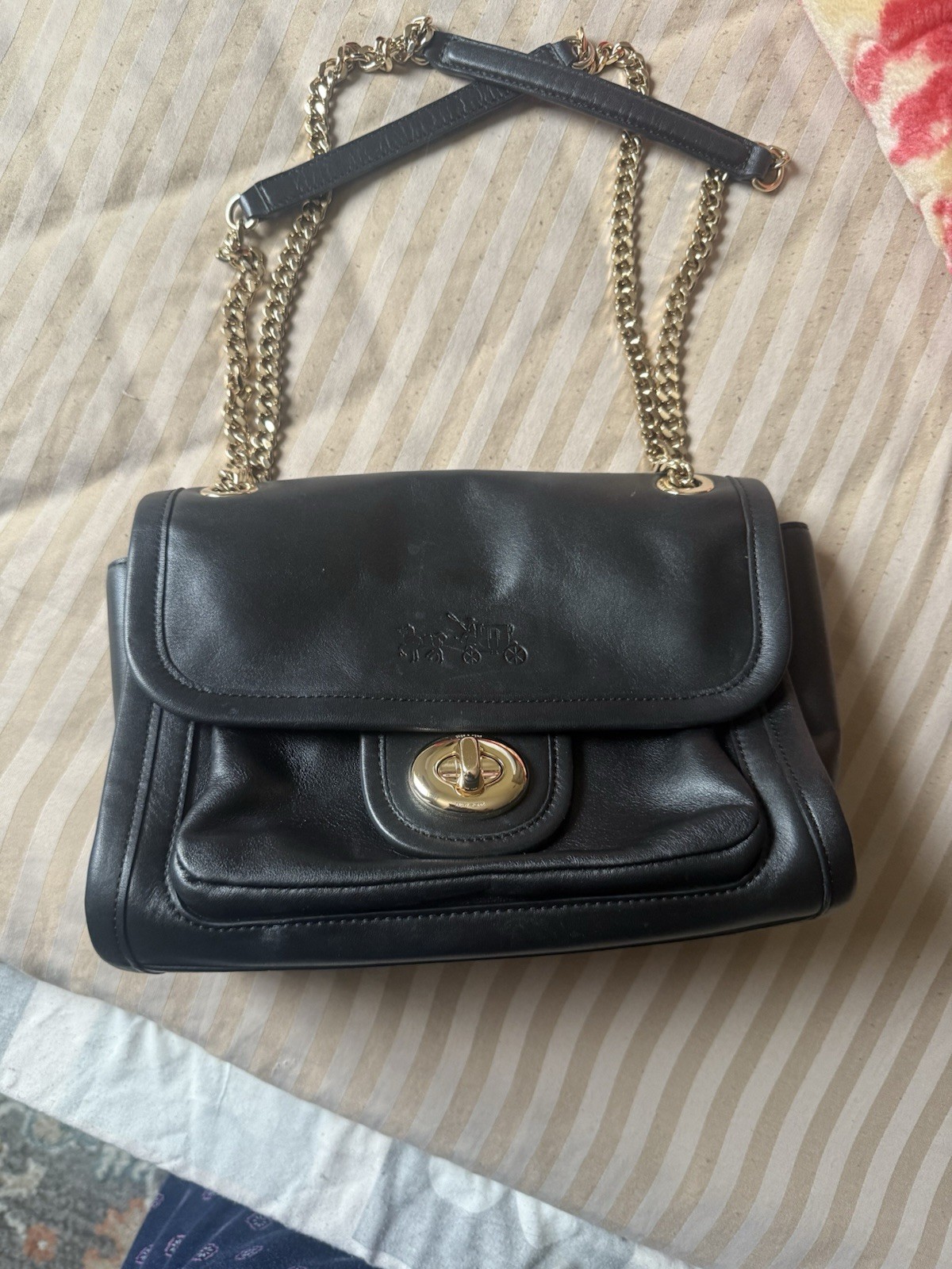 Coach Black Chain Strap Turn Lock Shoulder Bag Gold Hardware